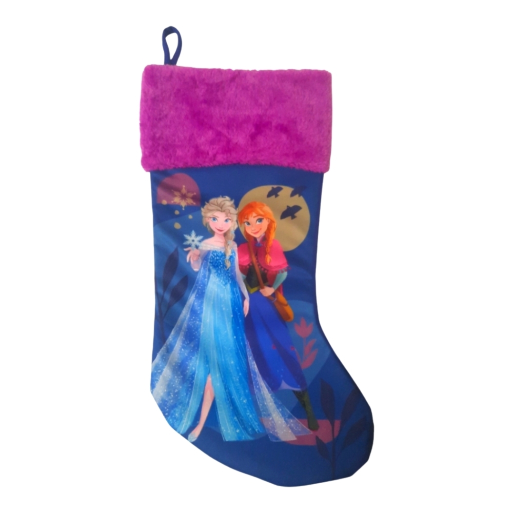 New FROZEN Stocking DISNEY Elsa  Anna Fuzzy Purple w/Blue Print Christmas 18"